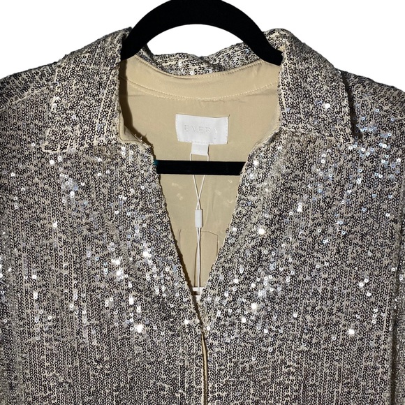 Every Women's Large Champagne Short Sleeve Collared Sequin Button Up Mini Dress - Picture 2 of 9